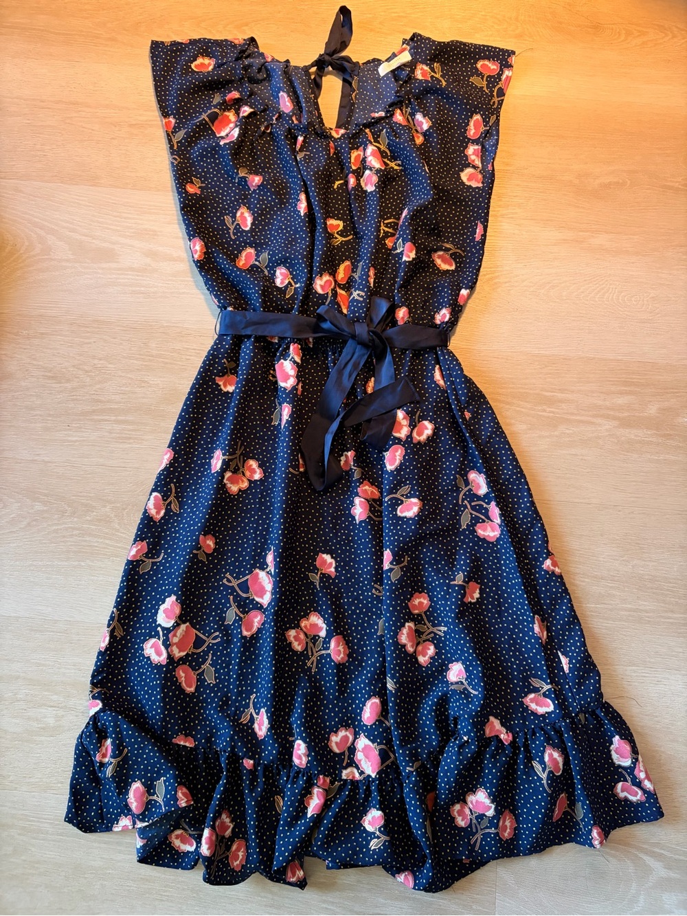 LC Lauren Conrad Navy Floral Polka Dot Ruffle Midi Dress Size S
